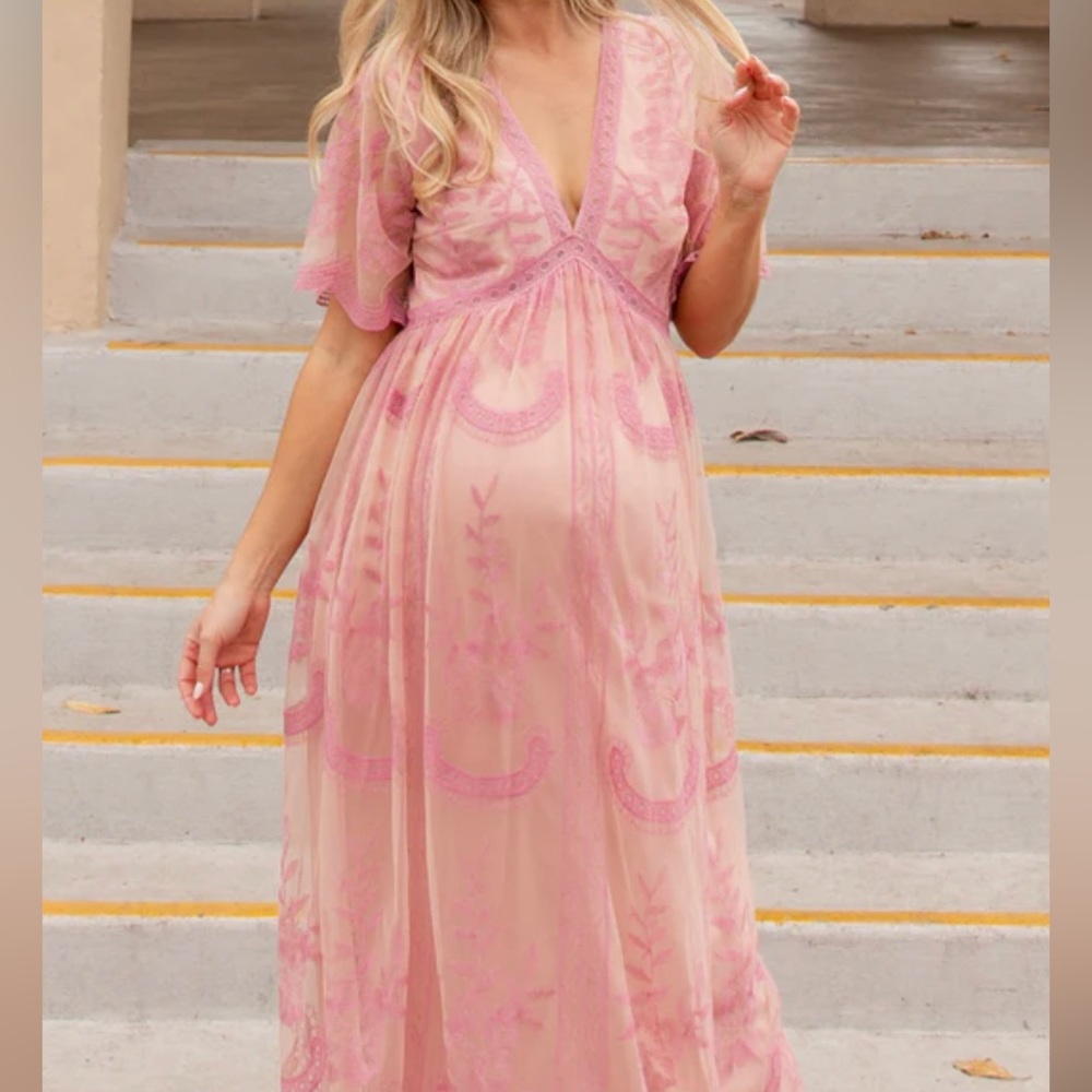 Pinkblush Pink Lace Mesh Overlay Maternity Maxi Dress